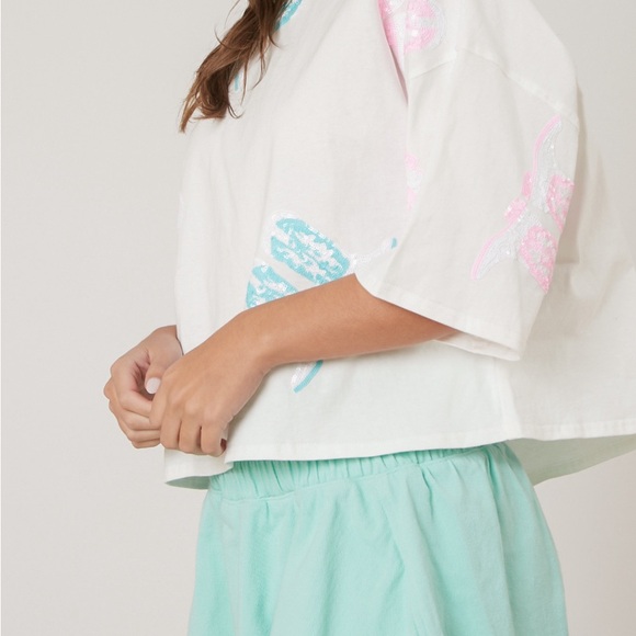 🤠Oversized crop giddy up and boot scoot tee sequin boots pink turquoise cowgirl - Picture 2 of 6